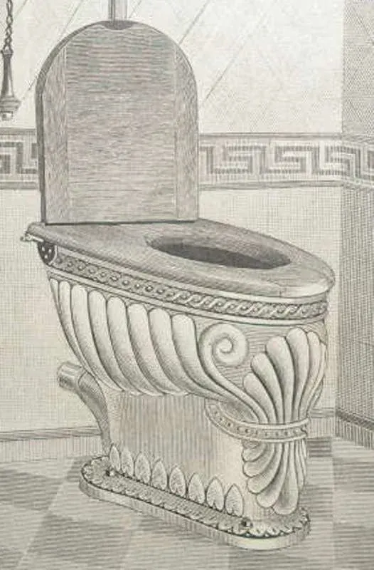 A black and white drawing of a toilet in a bathroom.