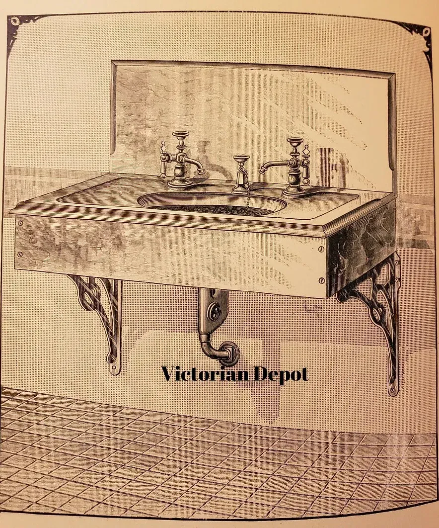 A black and white drawing of a victorian depot sink