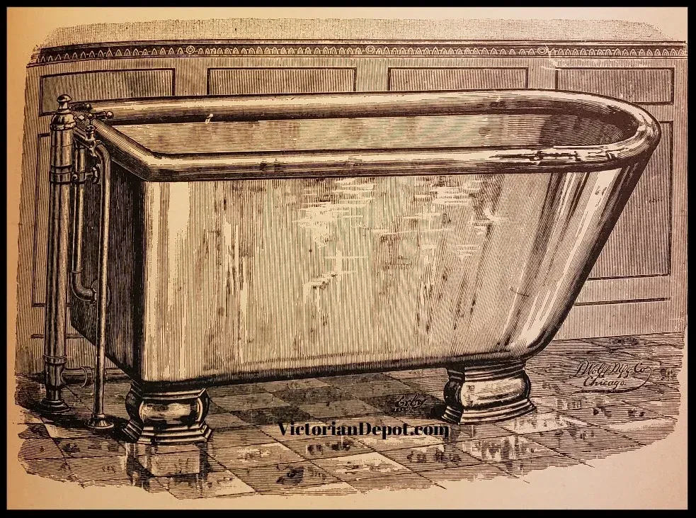 A black and white drawing of a bathtub with the website victoriantilepot.com at the bottom