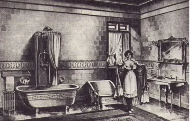 A black and white photo of a woman in a bathroom