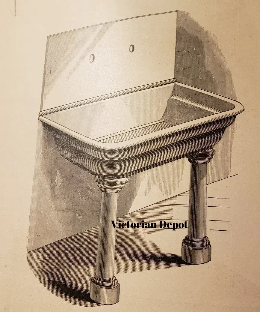 A black and white drawing of a sink from the victorian depot
