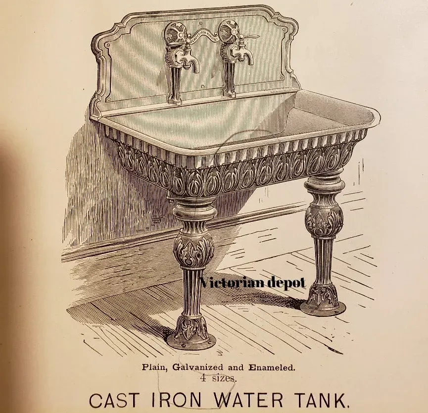 A black and white drawing of a cast iron water tank