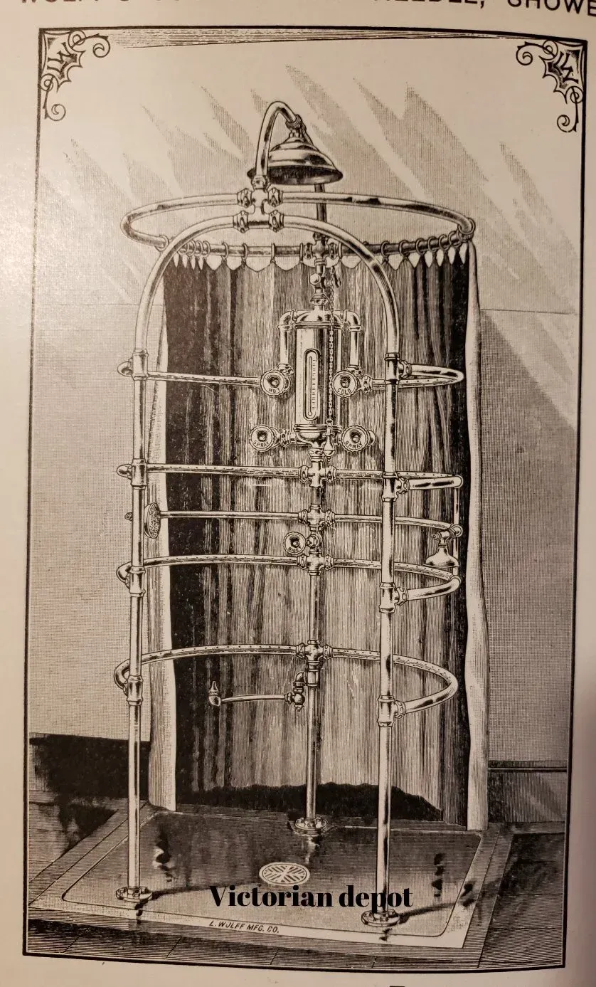 A black and white drawing of a victorian shower
