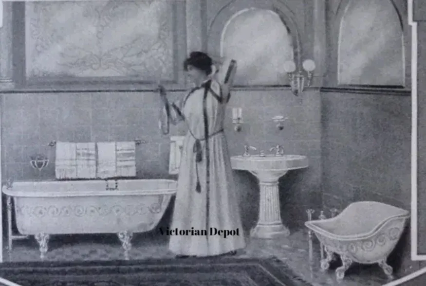 A woman is standing in a bathroom next to a bathtub and sink.