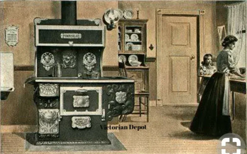 A black and white photo of a victorian depot stove