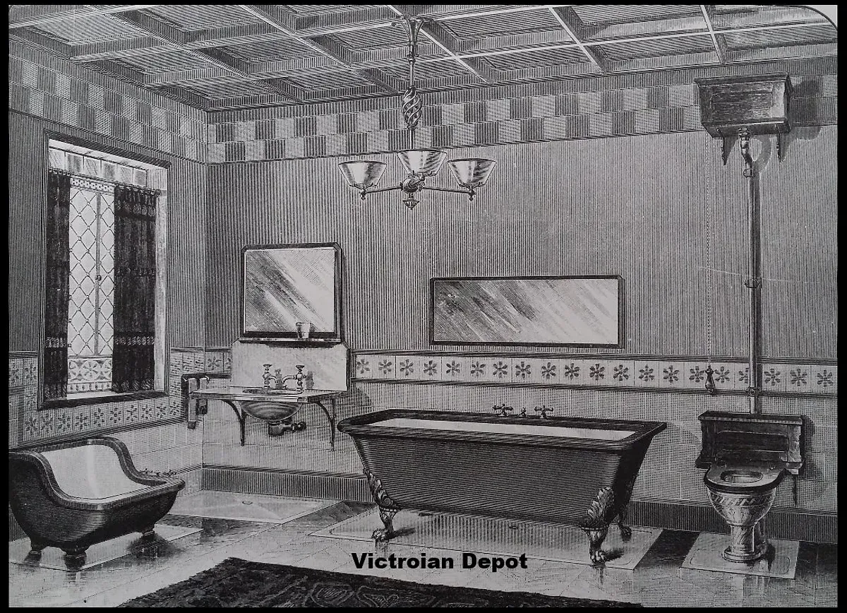A black and white drawing of a victorian bathroom