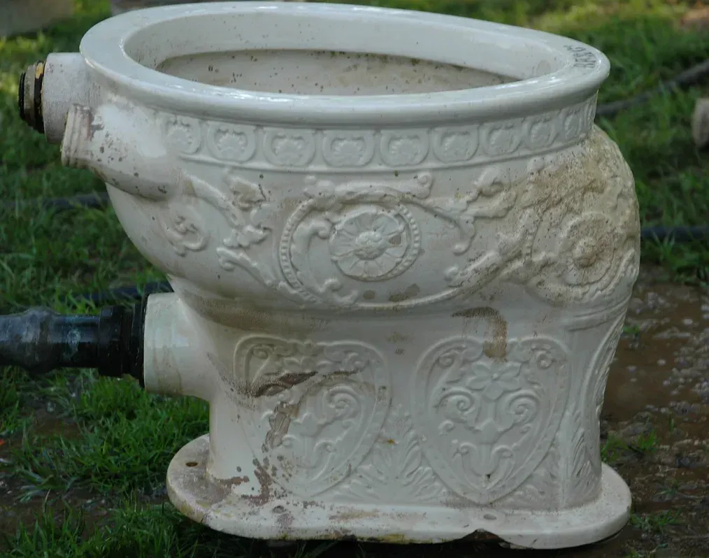 A white toilet with a design on it is sitting in the grass