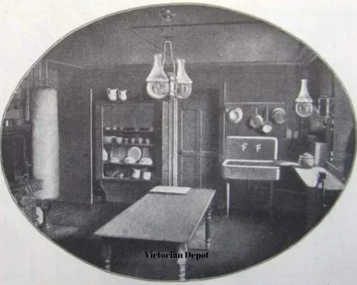 A black and white photo of a victorian depot kitchen