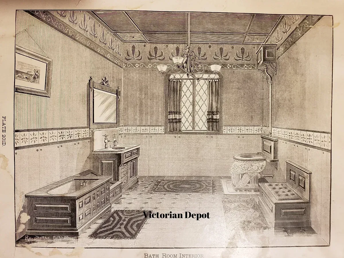 A black and white drawing of a bathroom from the victorian depot