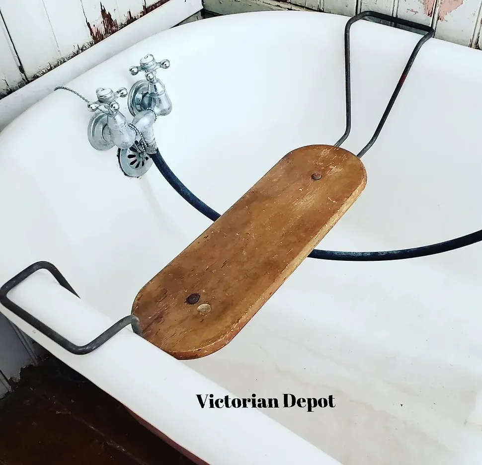 A bathtub with a wooden seat and the words victorian depot on the bottom