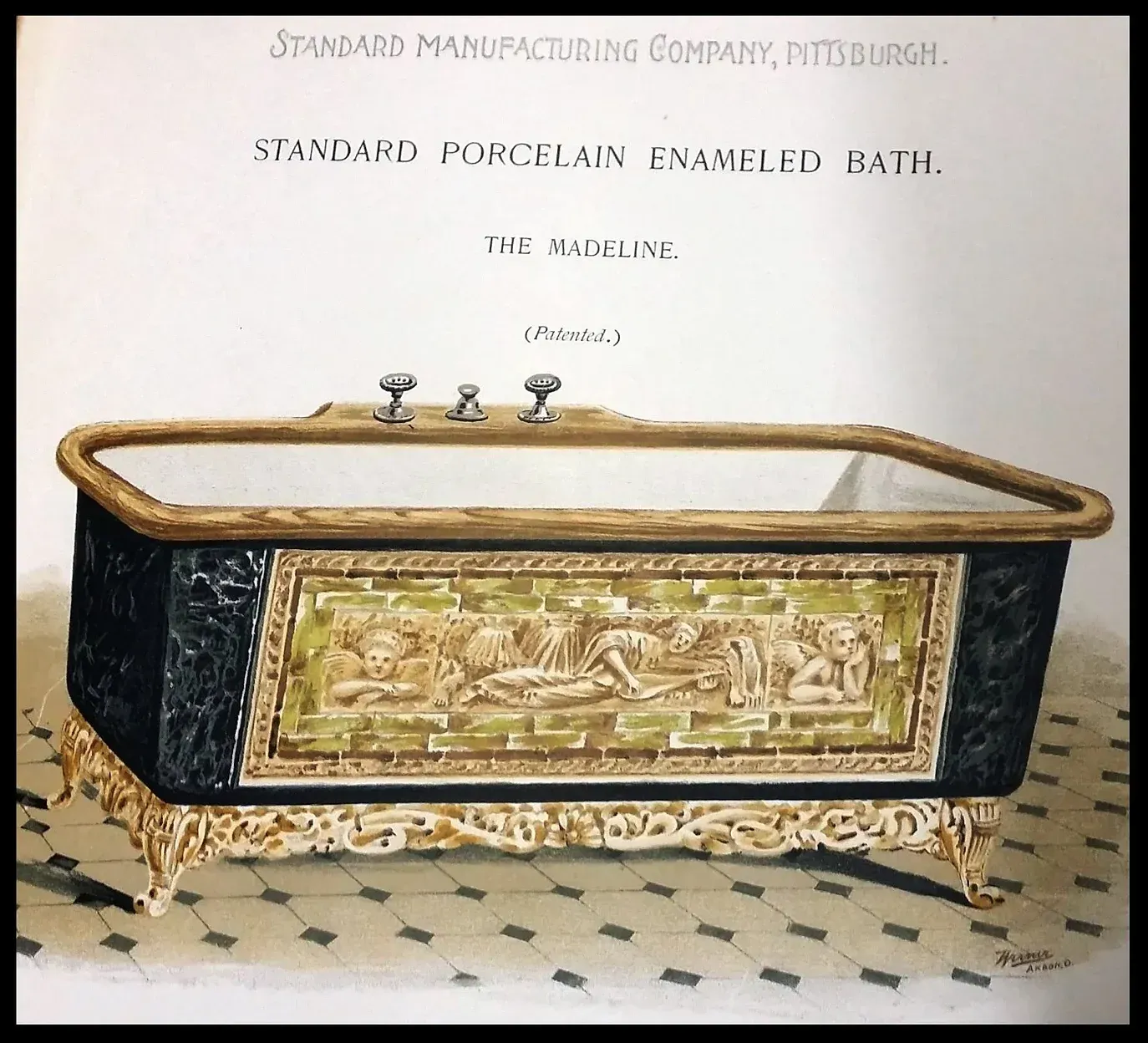 An advertisement for a standard porcelain enameled bath