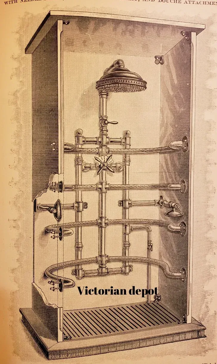 A black and white drawing of a shower with the words victorian depot below it