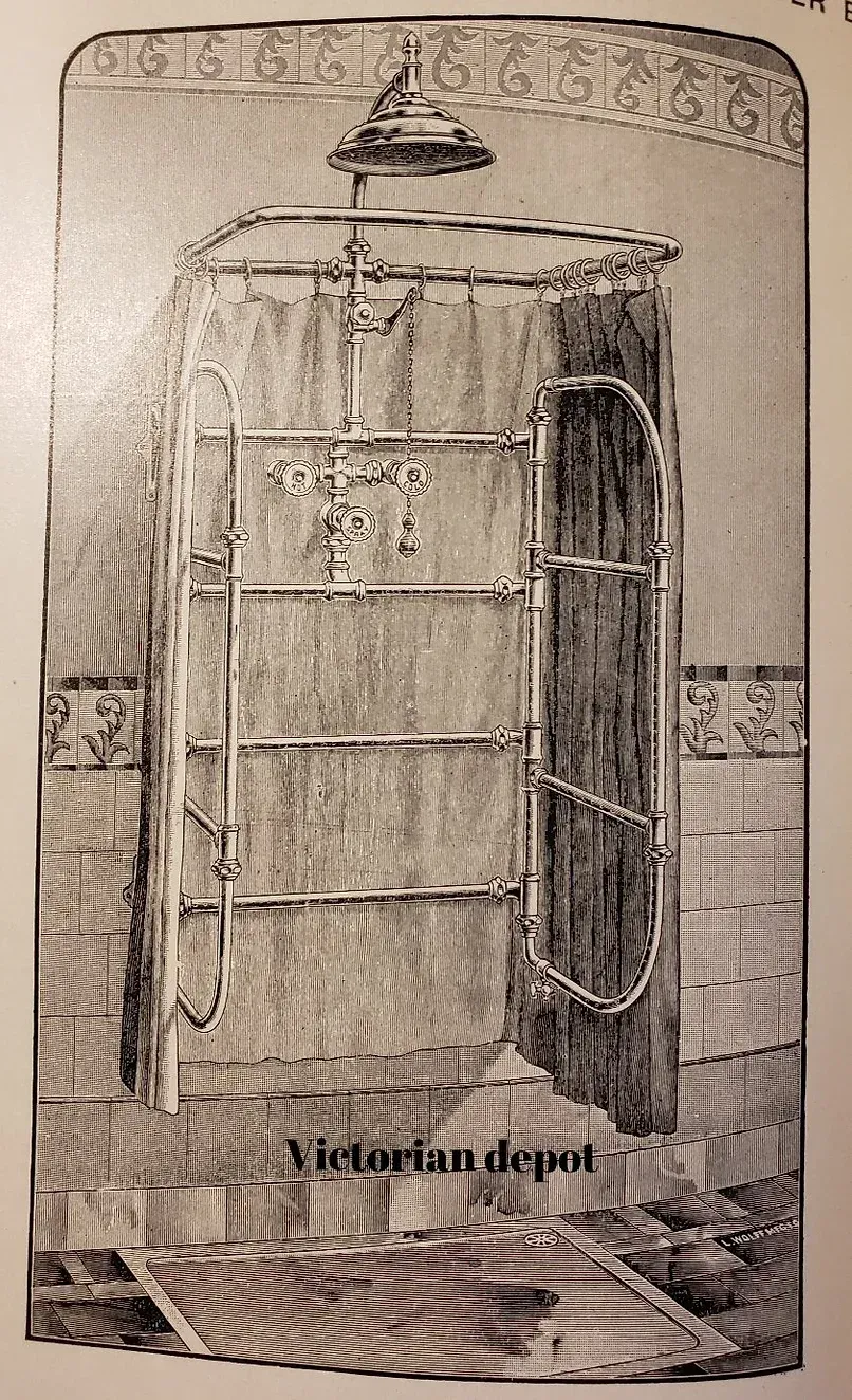 A black and white drawing of a bathroom with a shower.