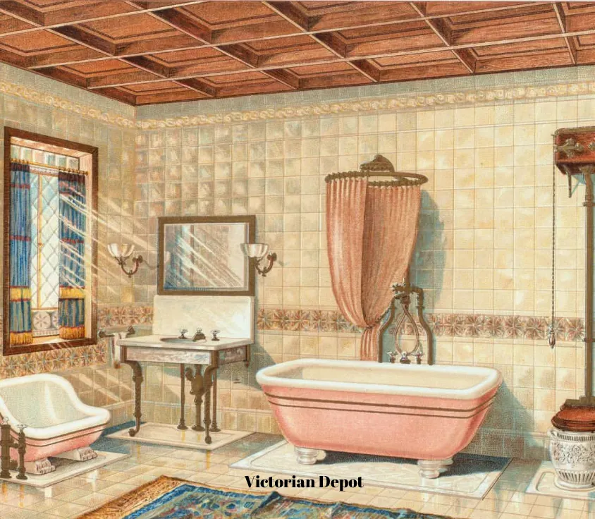A painting of a victorian depot bathroom with a pink bathtub