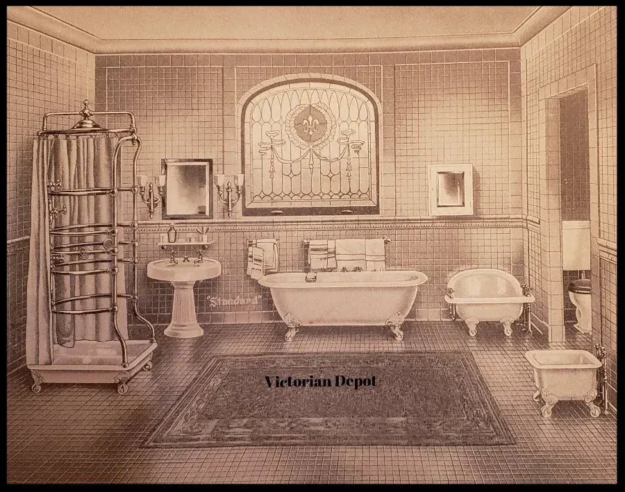 A black and white photo of a victorian bathroom