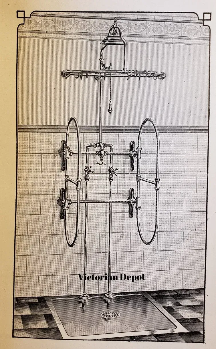 A black and white drawing of a victorian depot shower