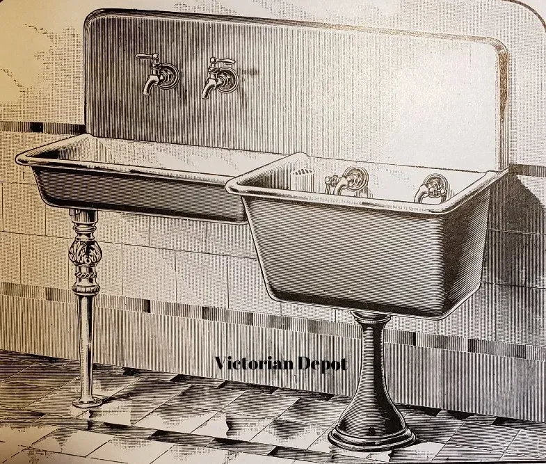 A black and white drawing of two sinks from victorian depot