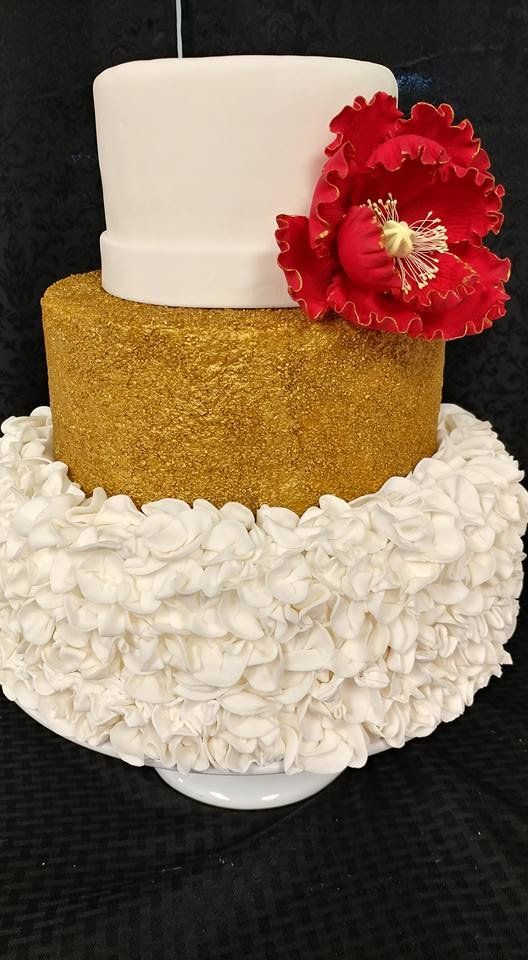 Custom Cake — Wedding Cake With red Flower Topper In Colorado Springs, CO