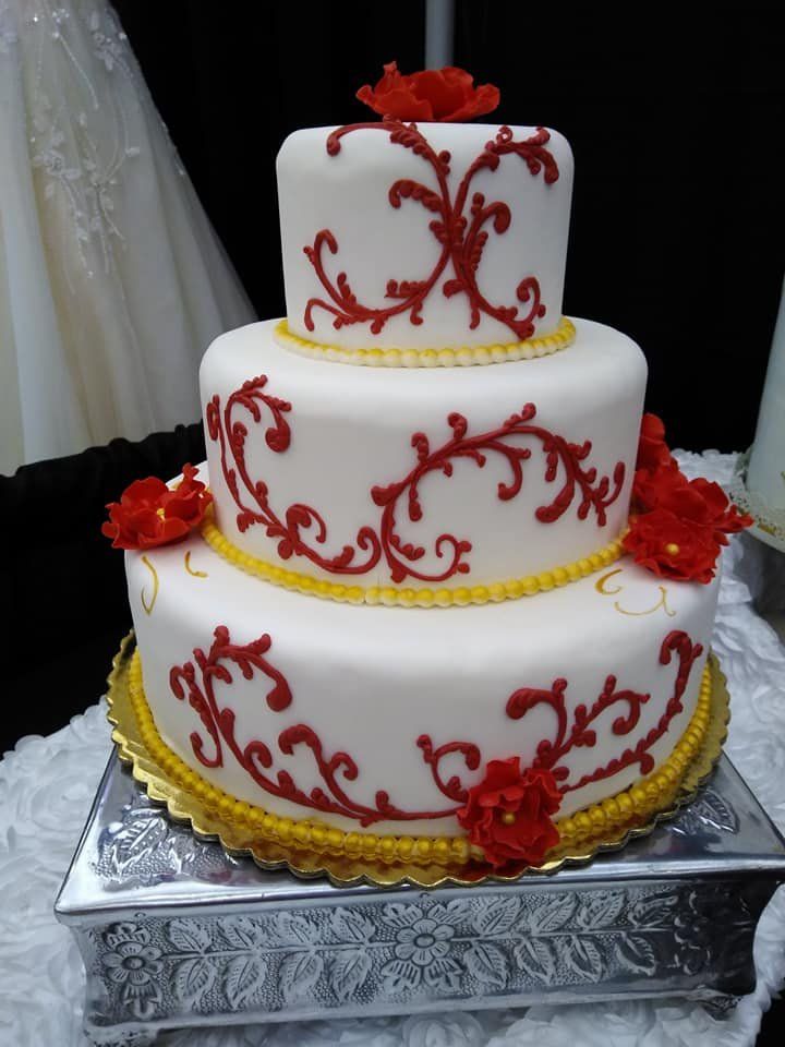 Cake Service — Red And Gold Theme For Three Layer Cake In Colorado Springs, CO