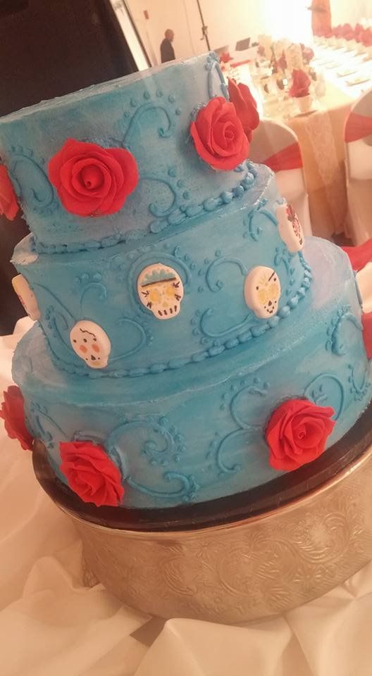 Custom Wedding — Sky Blue And Red Theme For Three Layer Cake In Colorado Springs, CO