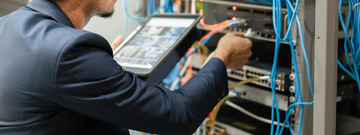 Man in suit working on server equipment, holding tablet. Blue and orange cables in server room.