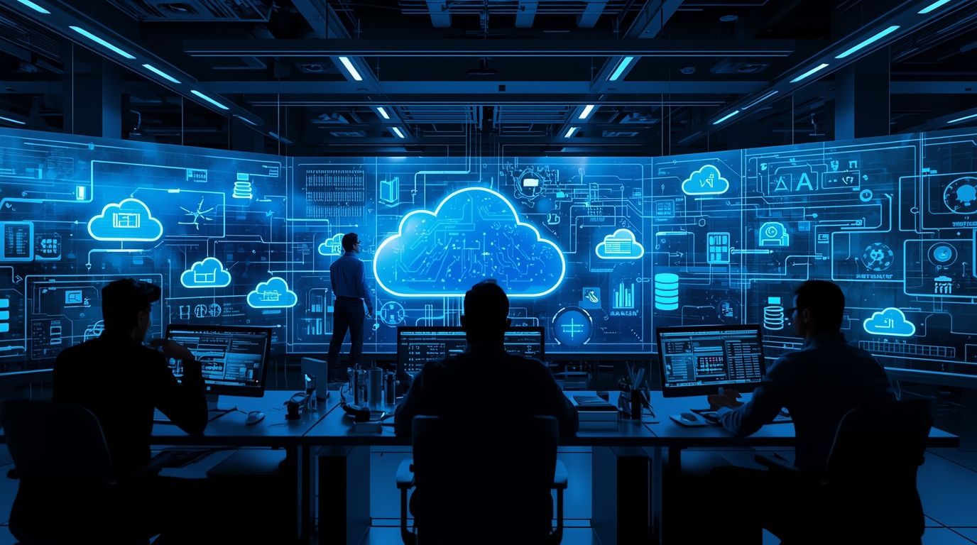 People in a data center looking at a blue cloud display, with computer monitors and lights.