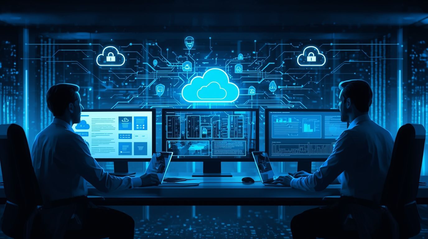 Two men monitoring cloud data on computer screens in a server room with a blue digital interface.