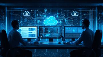 Two men monitoring cloud data on computer screens in a server room with a blue digital interface.