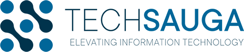 TechSauga logo, blue geometric design with text "TECHSAUGA" and tagline "Elevating Information Technology".