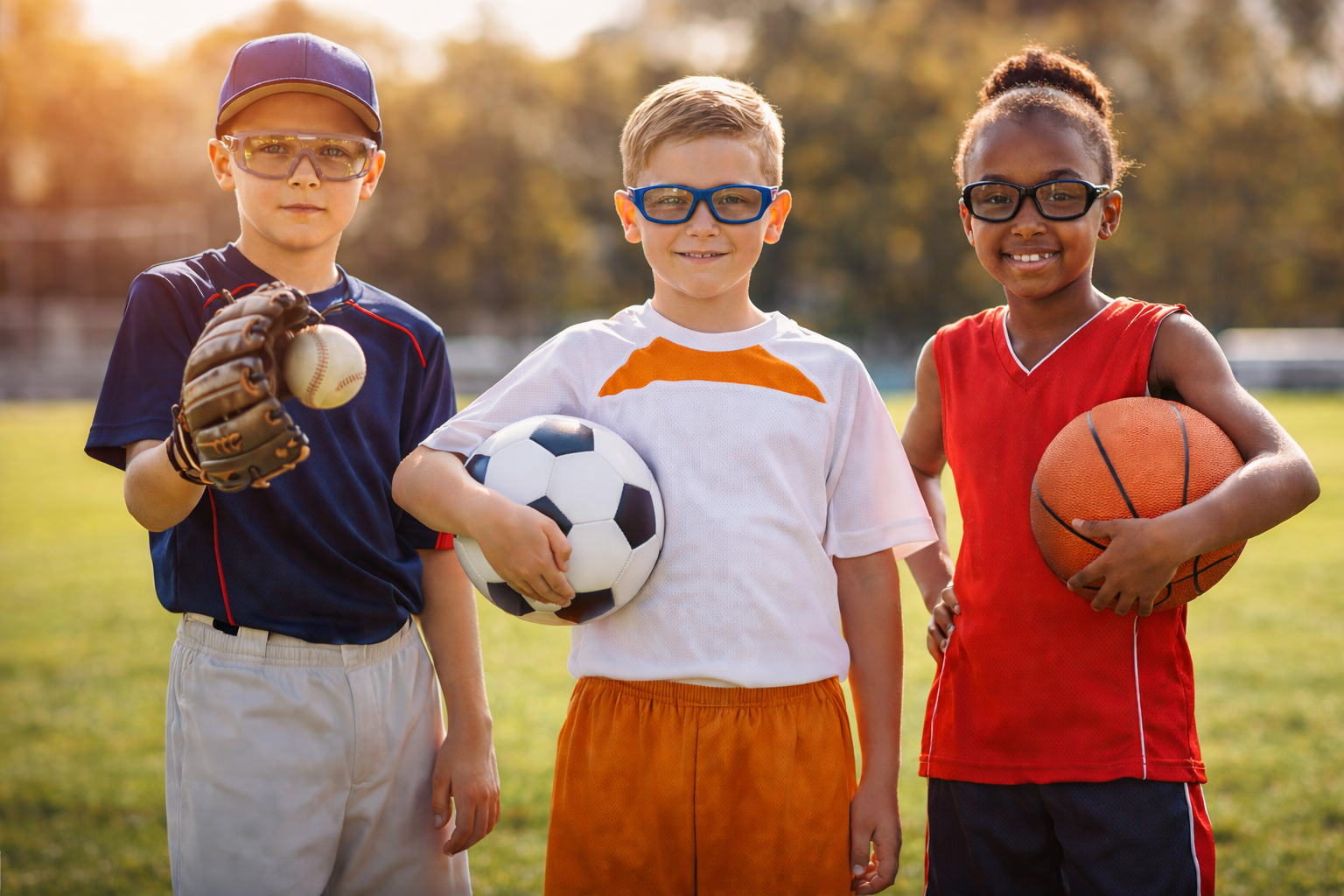 Three children holding sports equipment stand on a field, smiling.