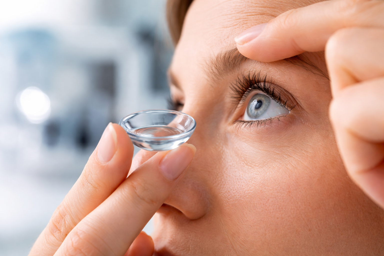 A person holds a contact lens between their fingertips while using their other hand to open their eyelid.