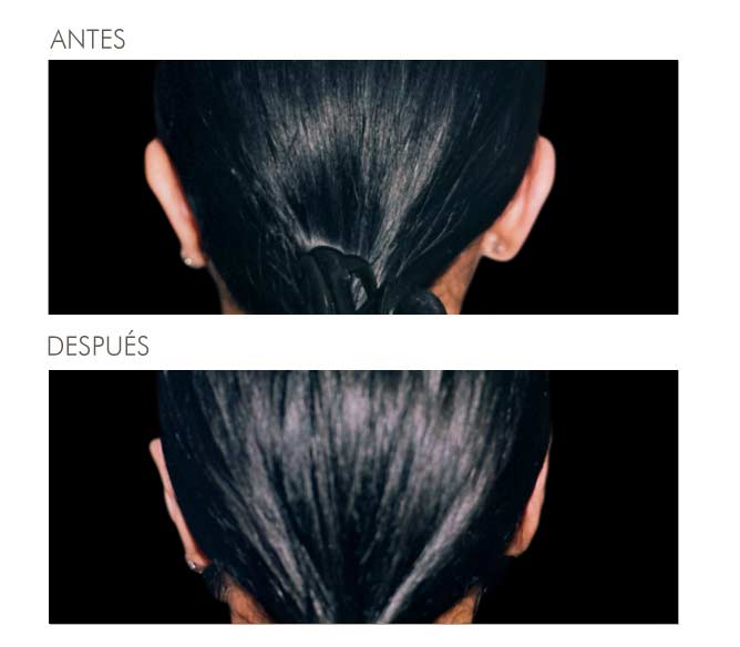 A before and after photo of a woman 's hair