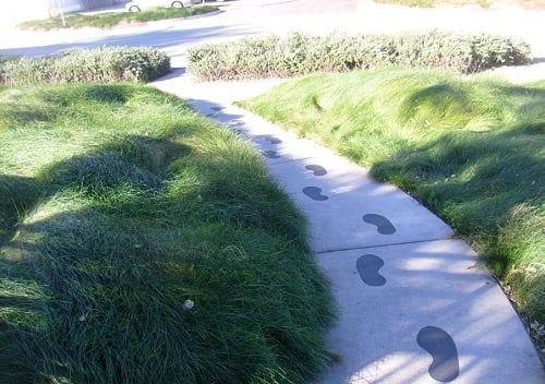 A sidewalk with footprints in the grass on it
