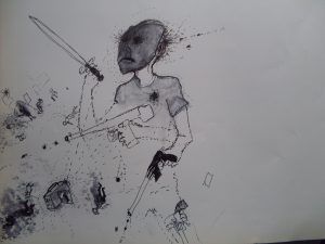 Grafik eines Mannes mit Pistole und Messer in der Hand