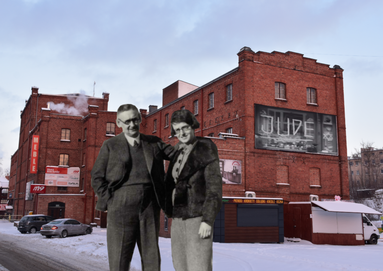 Grafik Collage einer Fabrikhalle mit zwei Schauspielern zumTheaterstück Die