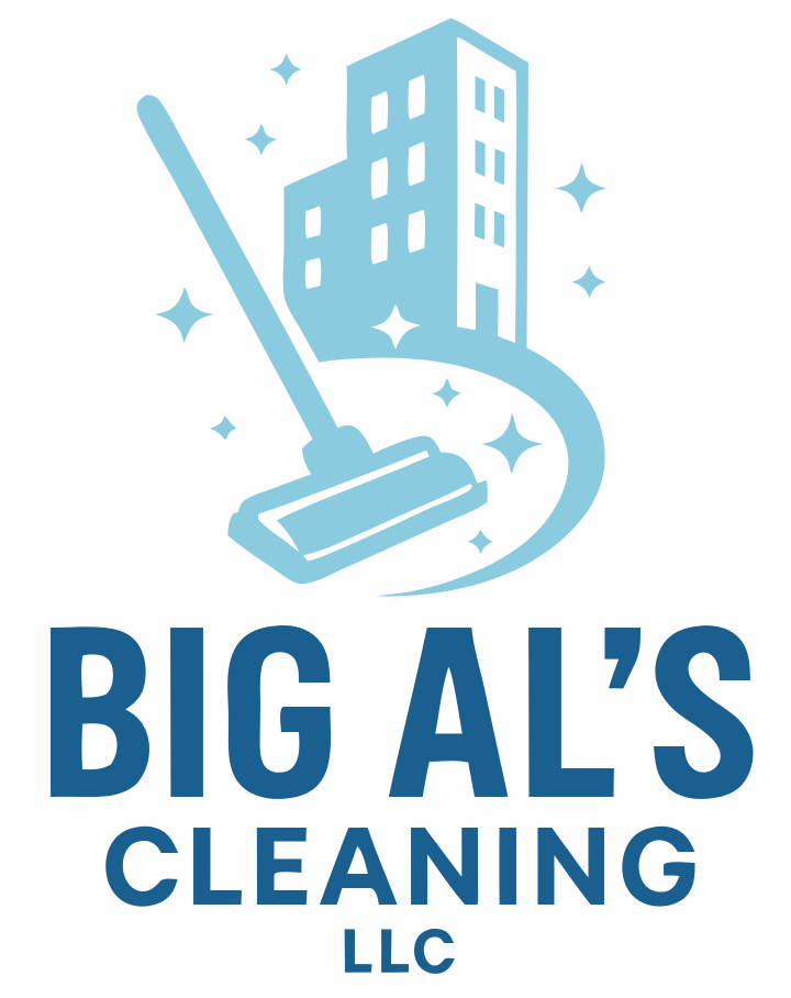The logo for big al 's cleaning llc shows a mop and a building.