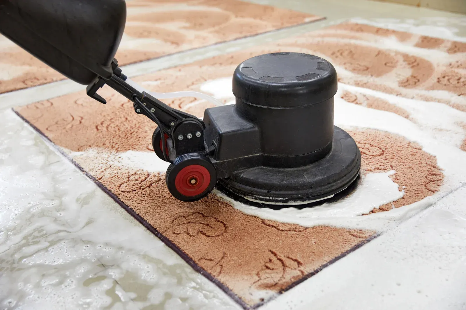 A person is cleaning a rug with a machine.