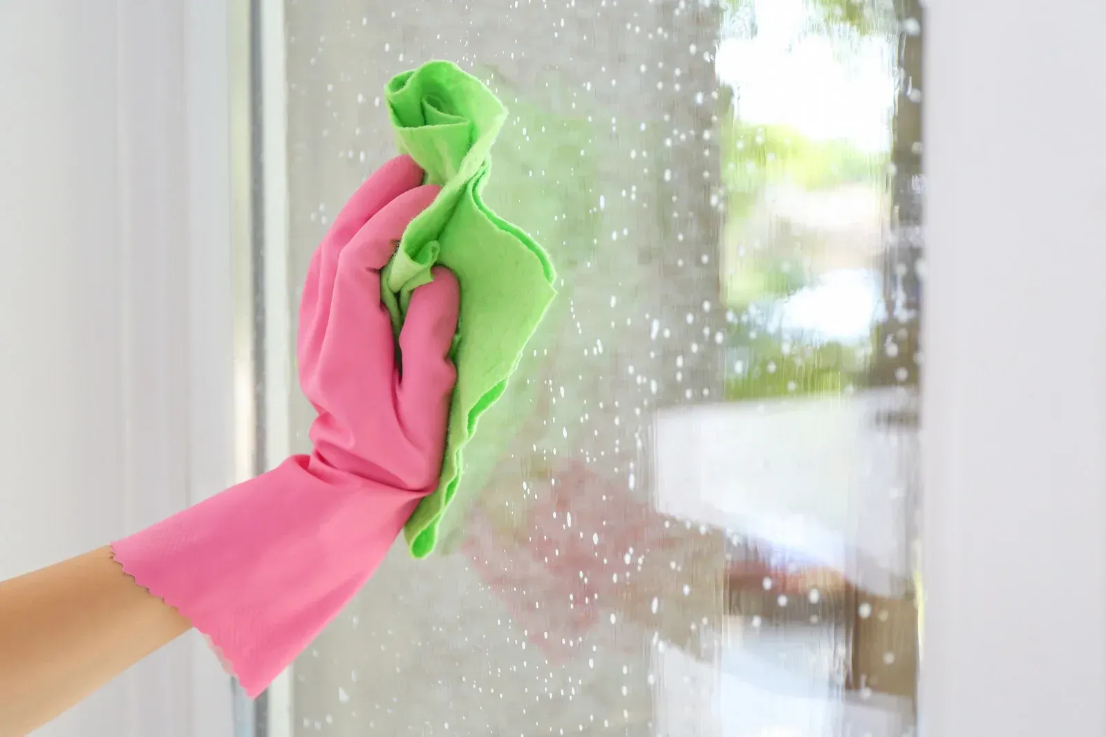 A person wearing pink gloves is cleaning a window with a green cloth.