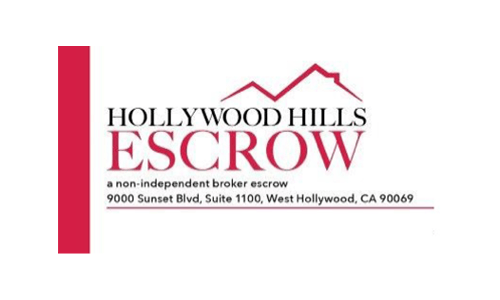 A red and white logo for hollywood hills escrow