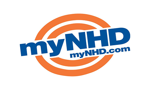 An orange and blue logo for mynhd.com