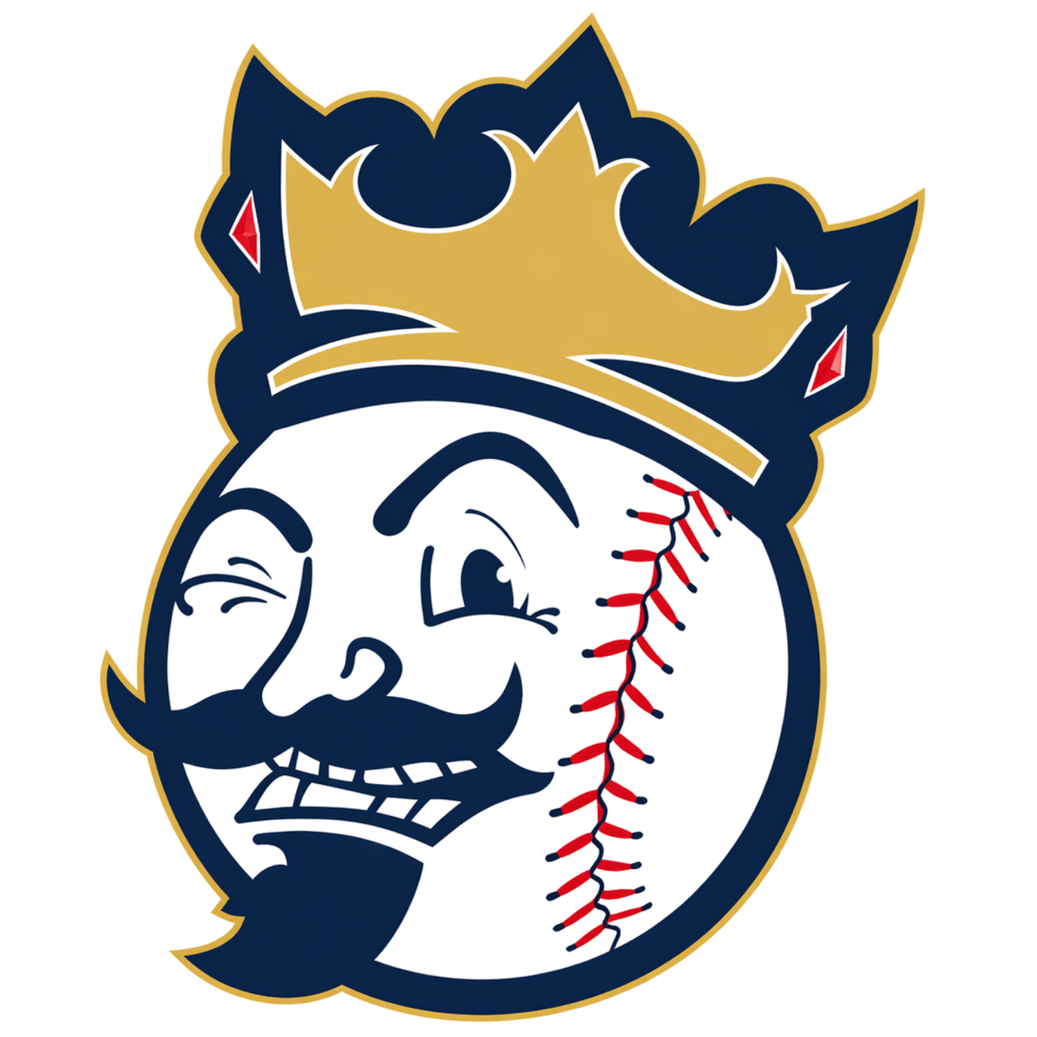 Cartoon baseball logo of a winking, mustached face wearing a gold crown