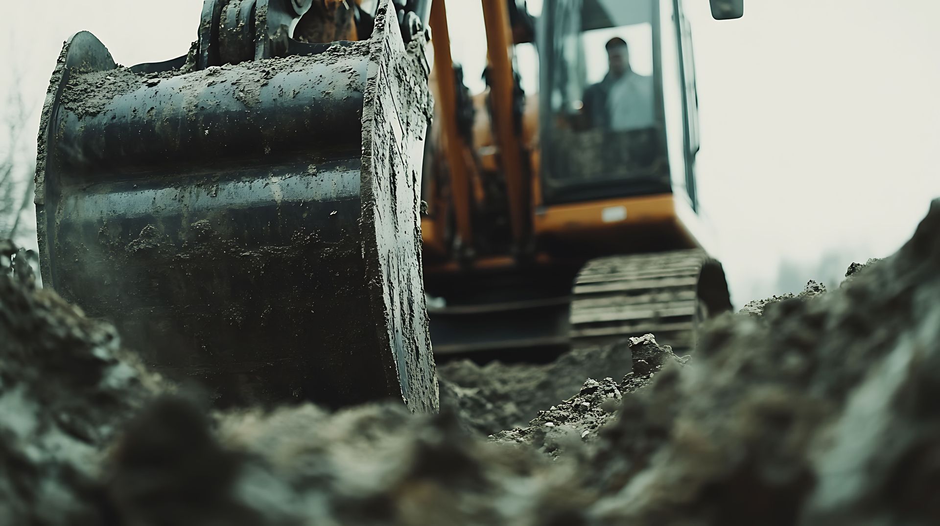 Closeup to an excavator bucket with the rest of the machine blurred in the background.