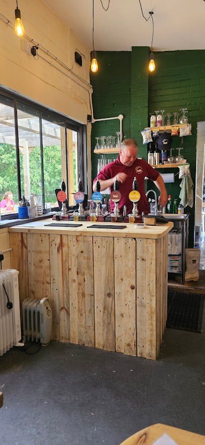 Bartender behind a wooden bar is pouring a drink in a pub. Inside, green wall with large window.