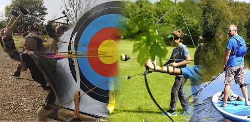 People participating in outdoor activities: axe throwing, archery, and paddleboarding.