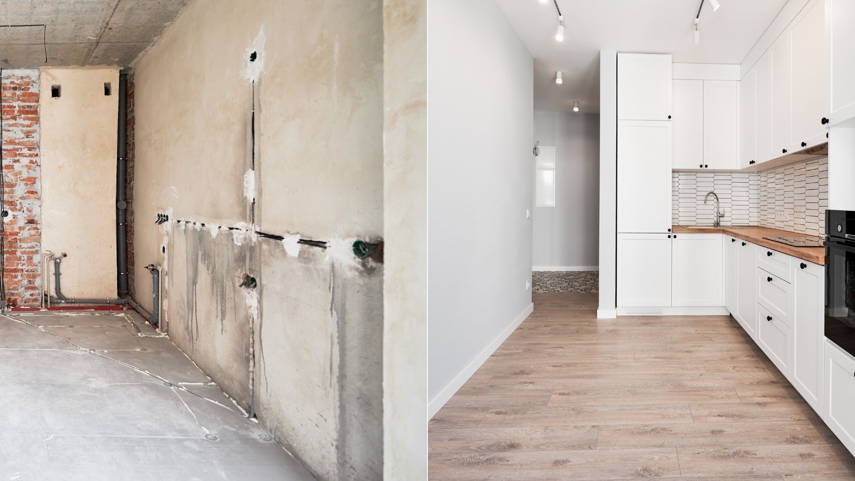 A before and after picture of a bathroom being remodeled.