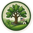 A circular emblem features a green oak tree, a shamrock, a small house with a US flag, and rolling green hills.