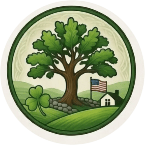 A circular emblem features a green oak tree, a shamrock, a small house with a US flag, and rolling green hills.
