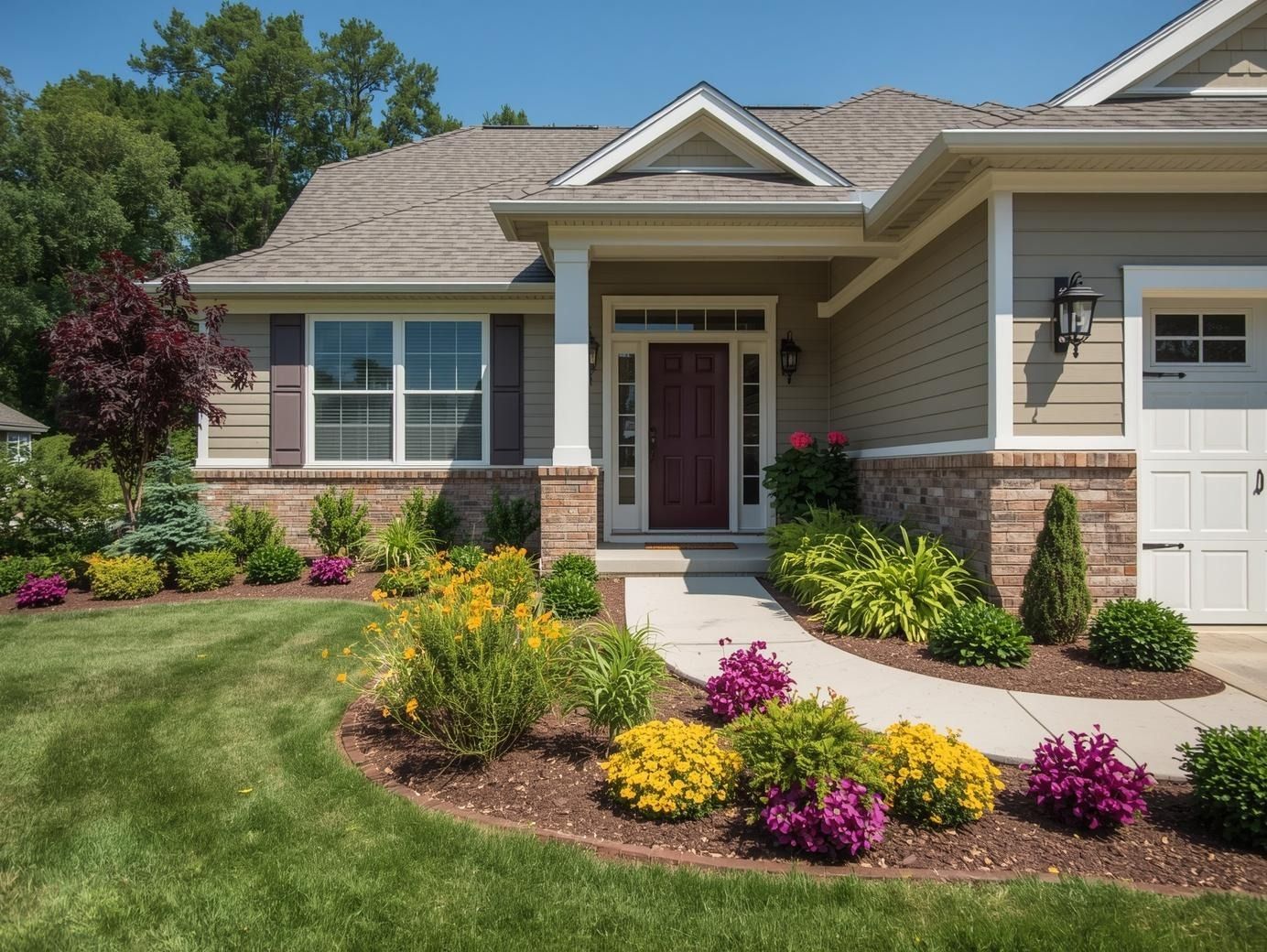 A suburban house with beige siding, a stone base, and a walkway leading to a dark red front door, surrounded by gardens.