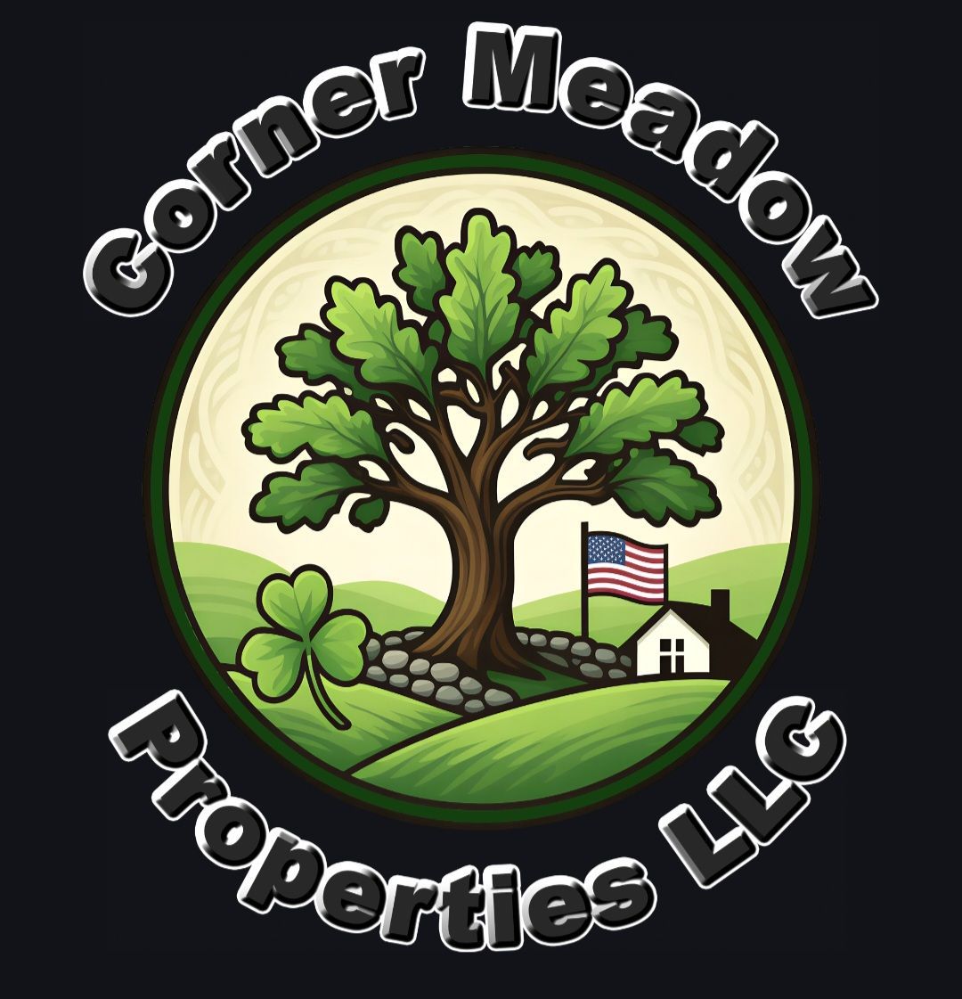 A circular emblem features a green oak tree, a shamrock, a small house with a US flag, and rolling green hills.