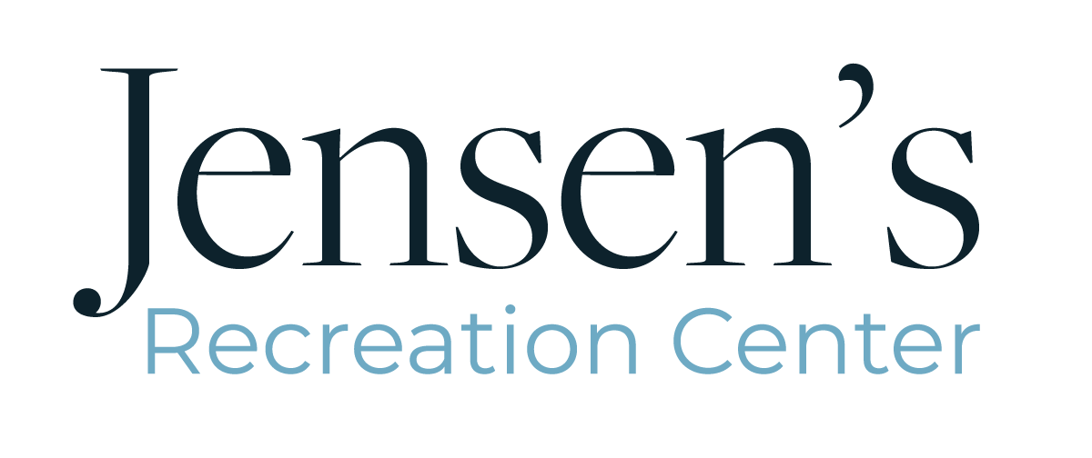 Jensen's Recreation Center logo with dark blue text and light blue text below.